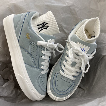 顽刻国潮磨砂面复古春季轻便单鞋港味bf平底滑板鞋男面包鞋冰蓝色43