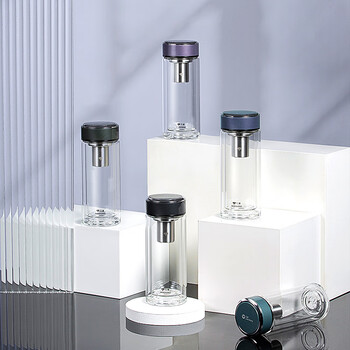 万象 双层玻璃杯 带滤网茶杯水杯 V277 HBC2241-340 340ml 蓝灰色