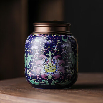 茶艺贵族瑾山珐琅彩茶叶罐(蓝)陶瓷密封罐双层锡盖珐琅彩大号单个茶存