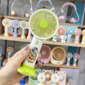 欧利文小风扇桌面床上用手持静USB充电低音三档带底座 便携式迷你大风力办公室宿舍风宝 蜡笔小新绿色