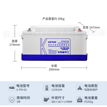 科士达（KSTAR）12V65AH固定性密封免维护蓄电池6-FM-65适用于UPS不间断电源