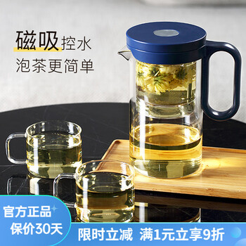 尚明一键过滤全玻璃内胆飘逸杯泡茶壶可拆洗茶水分离懒人茶具简易茶壶 蓝色 500ml