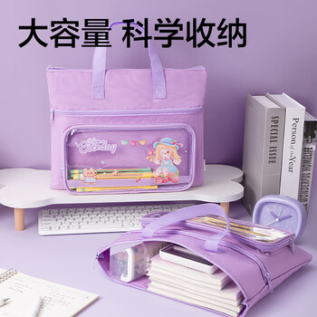 得力（deli）卡通学生补习袋 小学生可爱大容量三层多功能痛层手提袋 课外绘画拎书袋补课包 紫色BA205毕业礼物