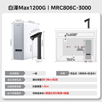 美的（Midea）【白泽Max 1200G】0阻垢剂净水器家用 6年RO反渗透厨下式直饮过滤净水机 触控屏双出水