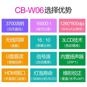 爱普生（EPSON）CB-W06投影仪 商务办公投影机高清宽屏（高清WXGA 3700流明 短距投影 支持侧投）
