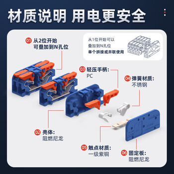 汇君 快速接线端子电线连接器插拔式压线并线器可拼接按压扳手并线对接 3进3出A型【0.2-4mm²软硬通用】-5只