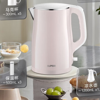 苏泊尔（SUPOR）电热水壶 办公室热水壶1.5L大容量 双层隔热壶身304不锈钢内胆SW-15S03A
