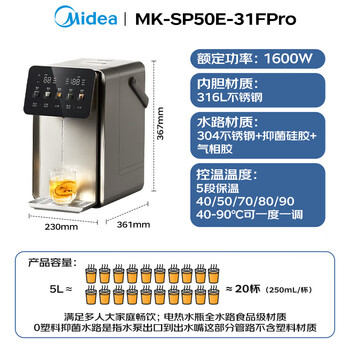 美的（Midea）小魔方pro电热水瓶 电水瓶饮水机烧水壶电热水壶 风冷316L内胆 0塑料 水箱可拆洗 MK-SP50E-31FPro