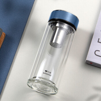 万象 双层玻璃杯 带滤网茶杯水杯 V277 HBC2241-340 340ml 蓝灰色