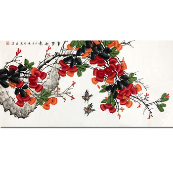 中国古美術・花卉図三尺画芯・朱軍印款・水墨彩色画・純手描き・文房・宣紙・带水印 中国古美術・旧藏珍品・四尺中堂画・趙佶款花鳥画・純手描き