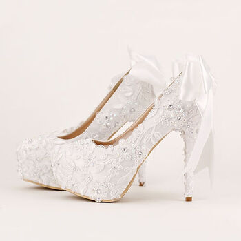 高跟鞋拍婚纱照 甜美白色蝴蝶结新娘鞋超高跟防水台细跟拍婚纱照蕾丝