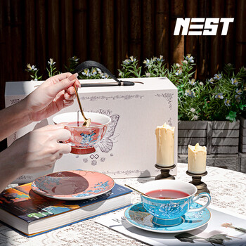 巢里咖啡杯套装轻奢骨瓷新婚情侣对杯礼盒装早餐下午茶杯碟家居馆粉蓝