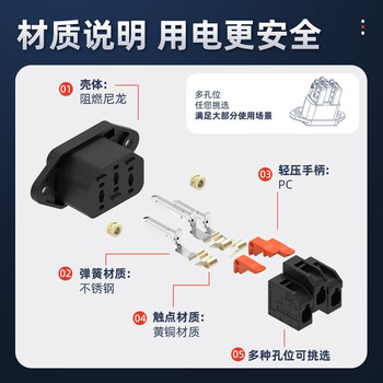 汇君 快接品字插座免焊品字公座快速接线按压电源三芯充电 白色-橙色柄
