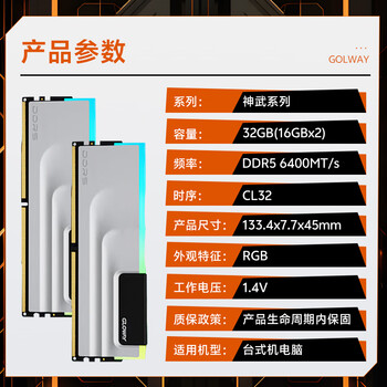 光威（Gloway）32GB(16GBx2) DDR5 6400 台式机内存条 神武 RGB灯条 海力士M-die CL32 太空灰