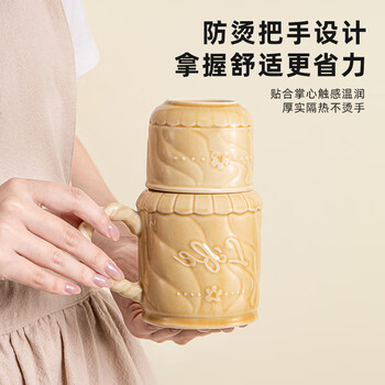 贝瑟斯马克杯水杯陶瓷杯咖啡杯 办公家用泡茶喝茶杯 厚实带盖杯子浅绿色