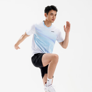 川崎羽毛球服男款速干透气训练V领运动服短袖专业 幻影蓝 L