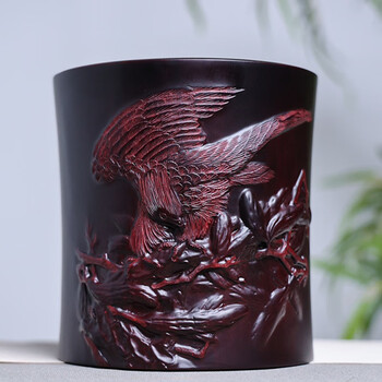 中国美術 紫檀 筆筒 文房具 高13.5cm(HA385) 未使用品 紫檀 唐木 木製 小物入れ 浮き彫り 双龍紋 細密彫 中国美術