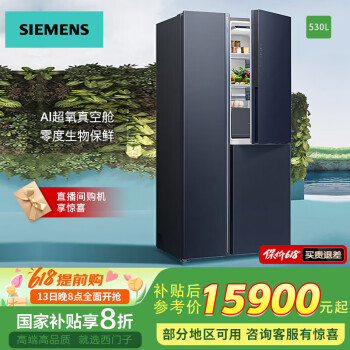 西门子（SIEMENS） 530升大容量对开门 KT92AA256C 家用冰箱风冷无霜一级能效 分区精储零度保鲜 eNose智感杀菌 国补 湖蕴蓝-KT92AA256C