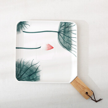 中国风手绘陶瓷餐盘子西餐盘牛排盘沙拉盘方形盘子意面盘木质手柄