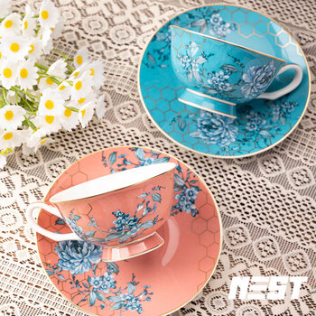 巢里咖啡杯套装轻奢骨瓷新婚情侣对杯礼盒装早餐下午茶杯碟家居馆粉蓝