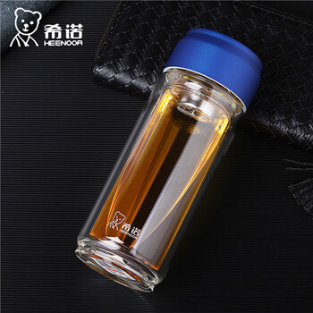 希诺（heenoor）双层玻璃杯 男士 高档商务  便携透明隔热泡茶255ML 蓝色 XN6770 