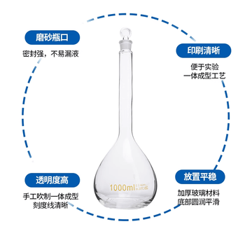 化科 容量瓶硼硅玻璃磨砂瓶口定容瓶密封实定量摇瓶 【透明】1000ml