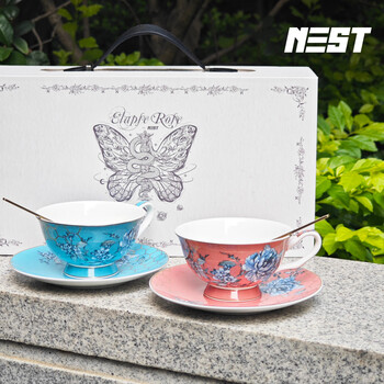 巢里咖啡杯套装轻奢骨瓷新婚情侣对杯礼盒装早餐下午茶杯碟家居馆粉蓝