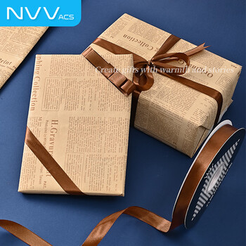 NVV英文报纸复古牛皮纸棕色包书纸礼品花艺花束包装纸情人节圣诞节鲜花包花纸材料 报纸+丝带LPZ-N01