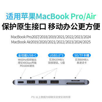绿联Type-C扩展坞苹果直插式拓展坞适用MacBookPro/Air笔记本M3/M4芯片雷电4/5转换器USB3.0读卡器C口
