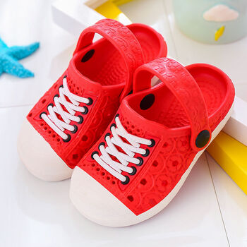 夏季儿童凉鞋拖鞋仿球鞋系带洞洞鞋小孩宝宝男女童凉鞋沙滩鞋 红色 29