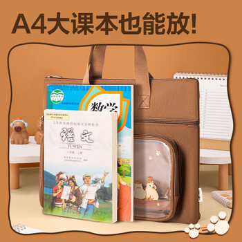 得力（deli）卡皮巴拉卡通学生补习袋 可爱大容量三层多功能痛层手提袋 课外绘画拎书包 深咖BA205开学必备