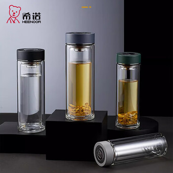 希诺（heenoor）双层玻璃杯隔热防烫男女士经典商务泡茶杯便携耐高温水杯带盖315mL蓝灰XN-6782