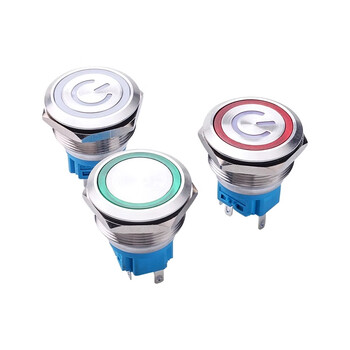佰达特 25/30mm金属按钮开关带灯LED自锁复位220v电源启动防水不锈钢按键30mm-自锁-平头-电源符号（2个）
