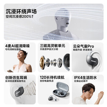 飞利浦（PHILIPS）蓝牙耳机骨传导概念真无线挂耳式开放式不入耳夹式运动跑步长续航高端降噪通用苹果华为TAT2708-白