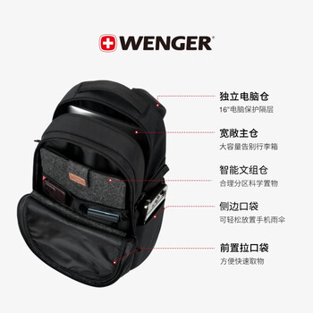 威戈瑞士军刀捷速黑色16英寸笔记本电脑包通勤双肩背包旅行包618保价