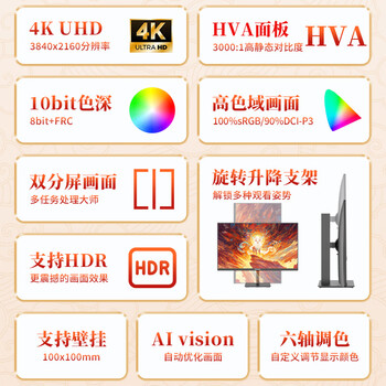 熊猫PANDA 31.5英寸4K超高清 广色域微边框 PIP/PBP分屏 旋转升降 设计剪辑电脑显示器PS5外接 F32U1