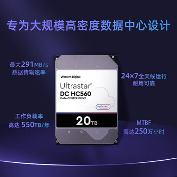 西部数据（WD）20TB企业级氦气机械硬盘HC560 SATA 7200转512MB CMR垂直 服务器硬盘 3.5英寸WUH722020BLE6L4