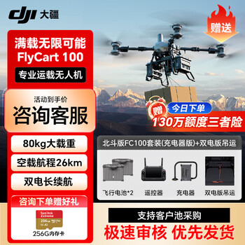 大疆DJI 大型载重无人机 FlyCart100标准套装【北斗版】 80公斤运输【含电池*2+降落伞+遥控器+双电吊运】提货卡