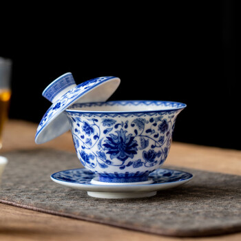 陶泥 青花陶磁蓋碗 愛蓮茶杯 壺承 茶碗 煎茶器 未使用品 茶香记老陶泥青花三才盖碗爱莲说古雅文气开片可养文人器趁手
