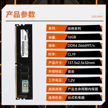光威(Gloway)16GB DDR4 2666 台式机内存条 战将 普条 精选颗粒 CL19 光威(Gloway)16GB DDR4 2666 台式机内存条 战将 普条 精选颗粒 CL19