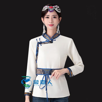 族服装女装生活装蒙古服装女蒙古袍日常装女短款蒙古元素上衣 白色 s