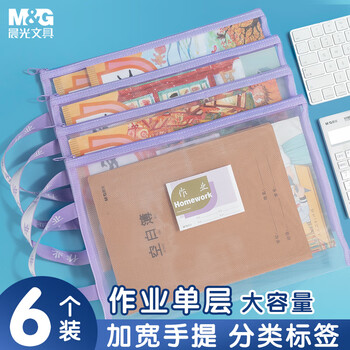 晨光（M&G）文具 单层网纱拉链袋 科目分类袋文件袋小学生加厚学科袋大容量 作业6个装ADM929WLE