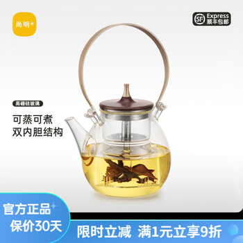 尚明耐热玻璃蒸煮两用茶壶煮茶器电陶炉提梁壶明火加热家用办公养生壶 金灰色 1000ml