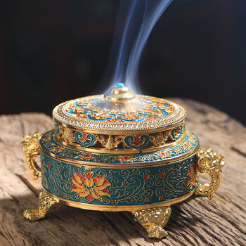 縁起物　文房具　純銅製 景泰藍香炉 三龍足 双耳狻猊蓋炉 掐絲七宝焼　置物美品 縁起物 文房具 純銅製 景泰藍香炉 三龍足 双耳狻猊蓋炉 掐絲