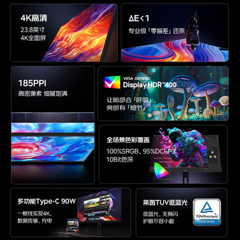 AOC显示器4K 设计师电脑显示屏幕 旋转升降 办公学习护眼低蓝光台式拓展笔记本扩展屏23.8英寸U24P10R