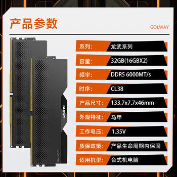 光威（Gloway）32GB(16GBX2) DDR5 6000 台式机内存条 龙武 马甲条 镁光颗粒 CL38 星空黑