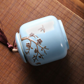 茶艺贵族梅花雁(天青)茶叶罐中式大号陶瓷储茶罐密封罐茶罐功夫茶具配件