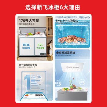 新飞170L双温家用冷柜全空间减霜一级冷藏冷冻两用卧式冰柜节能省电宽幅变温冰箱BCD-170KAT/L