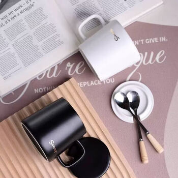 传旗陶瓷马克杯带勺盖咖啡杯牛奶杯早餐杯办公杯男女茶杯描金白400ml