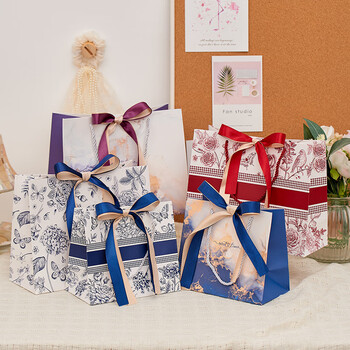 欧利文伴手礼小号包装袋中号纸袋手提袋儿童生日礼物袋子高档精致丝带礼品袋18x16x10cm 宝蓝紫幻4个装